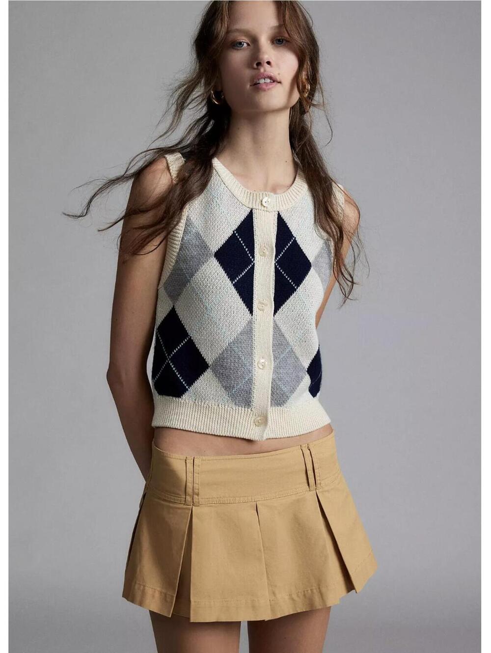 Kimchi Blue Beige Cotton Pleated Mini Skirt Y2K Tennis Skirt Medium